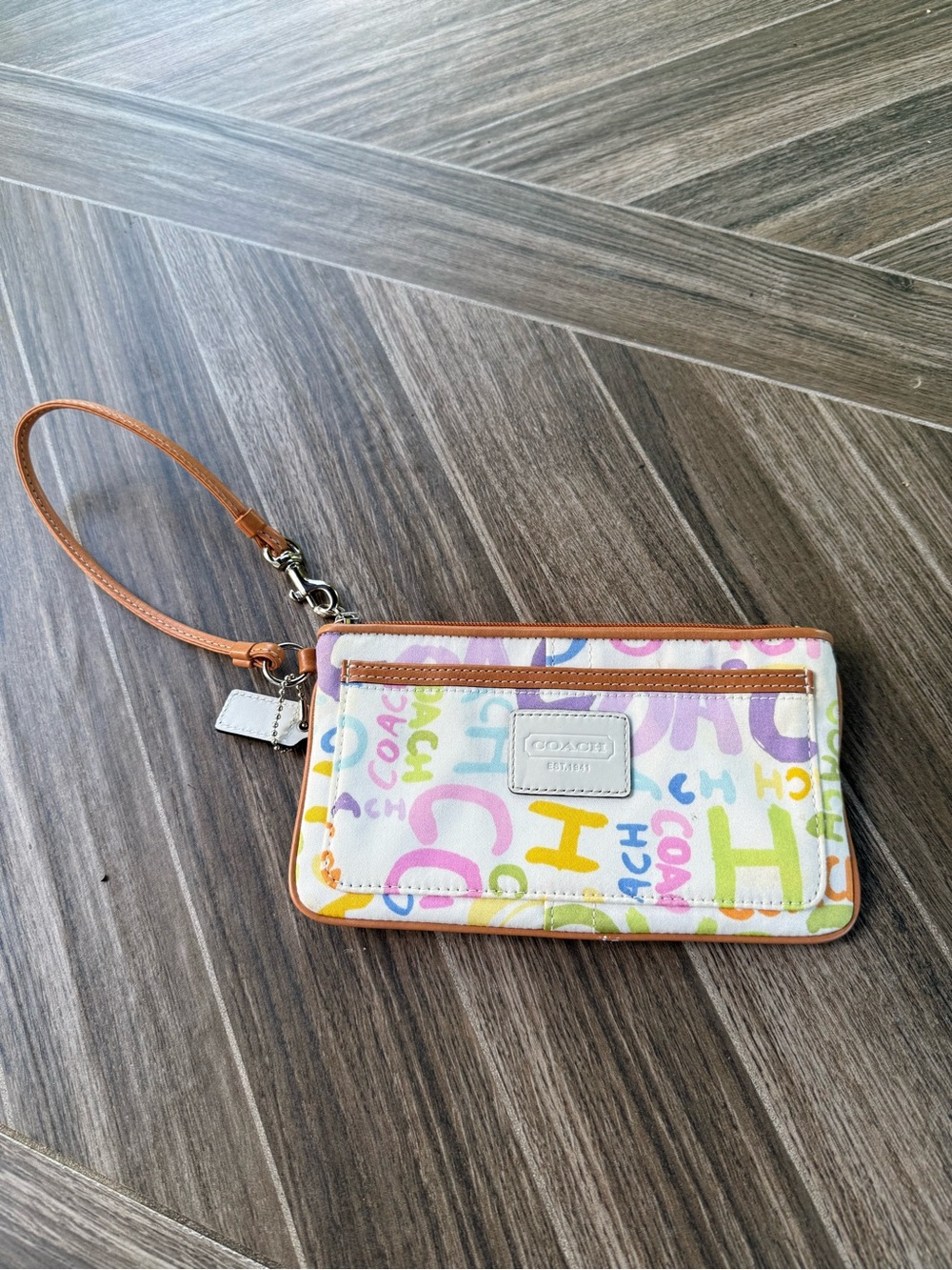 Coach Multicolor Signature Canvas Wristlet with Tan Trim and White Logo Patch